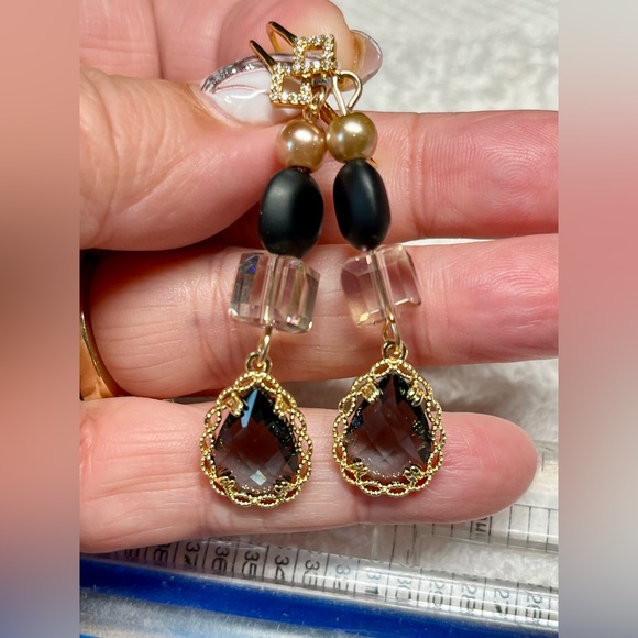 🖤🦋925 plated drop earring gorgeous CZ ZIRCON black faceted drop - Picture 7 of 8
